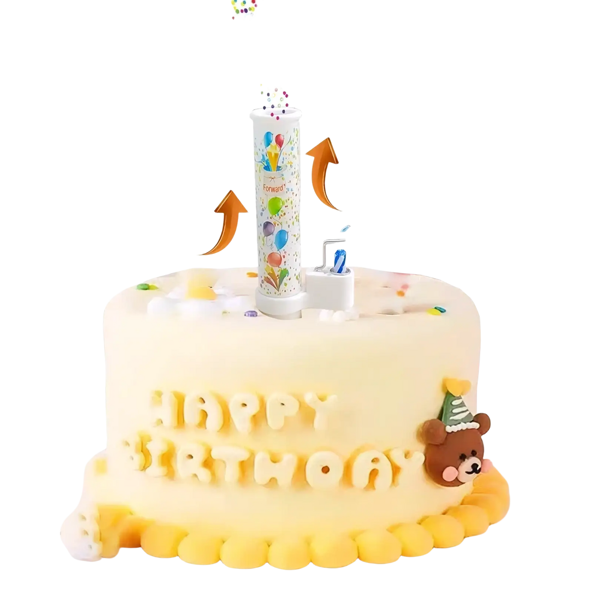 Colorful cylindrical birthday cake pop-up confetti candle with balloon designs and the word forward printed on it