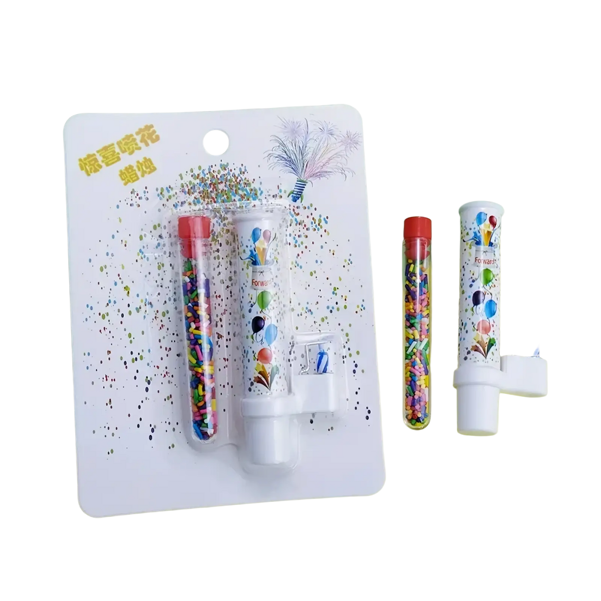 Colorful confetti-filled birthday cake pop-up confetti candle with a white balloon-themed party popper body