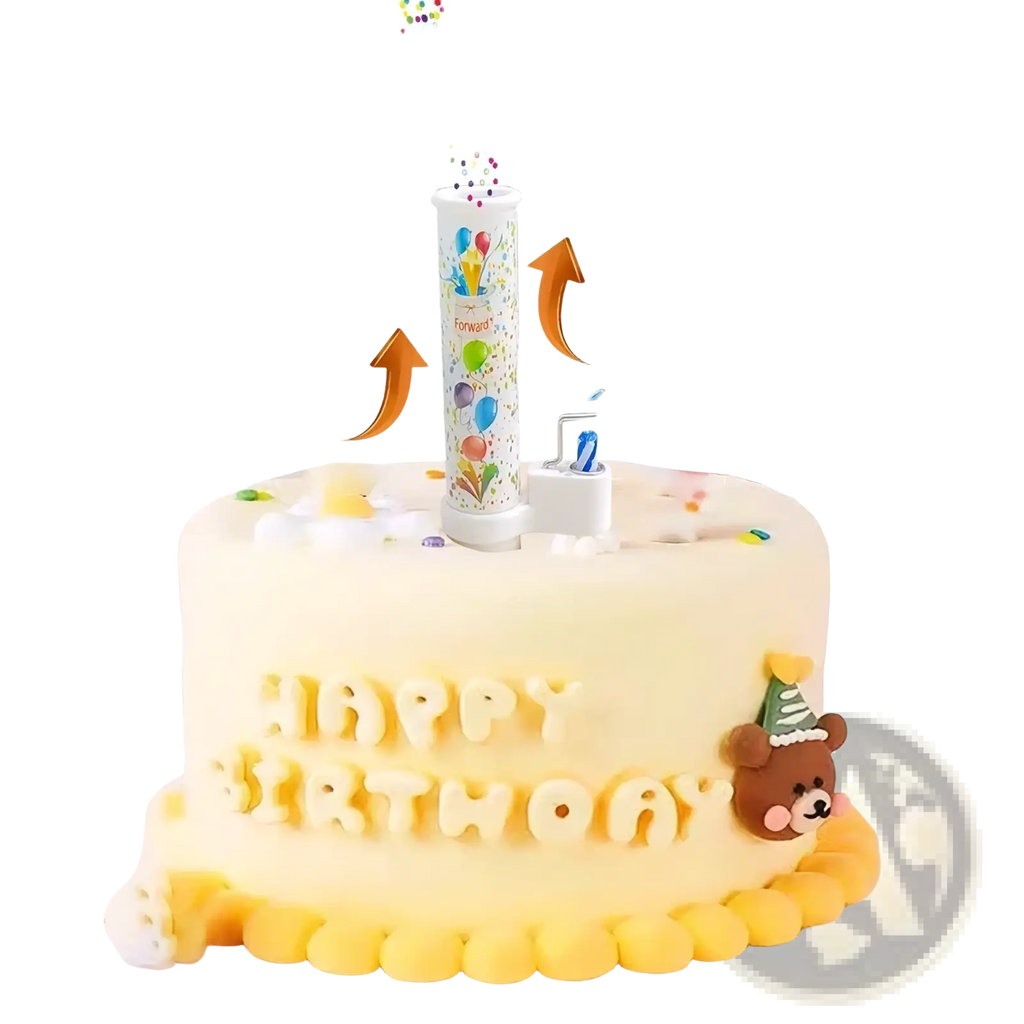 Colorful cylindrical birthday cake pop-up confetti candle with balloon designs and the word forward printed on it