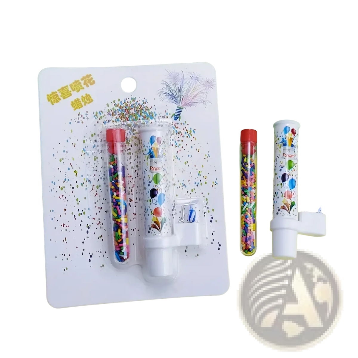 Colorful confetti-filled birthday cake pop-up confetti candle with a white balloon-themed party popper body