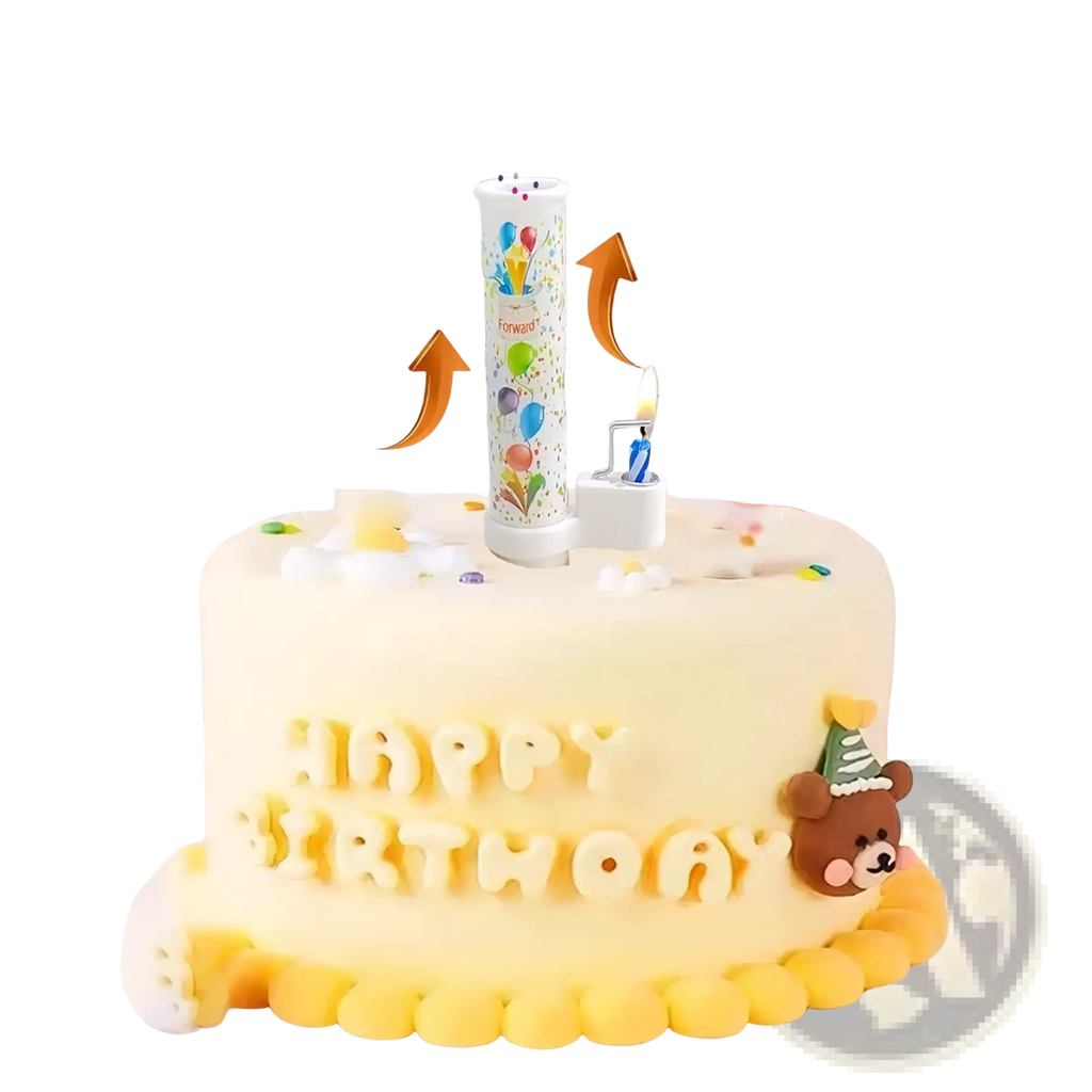 White cylindrical birthday cake pop-up confetti candle with colorful balloon design and confetti spray feature