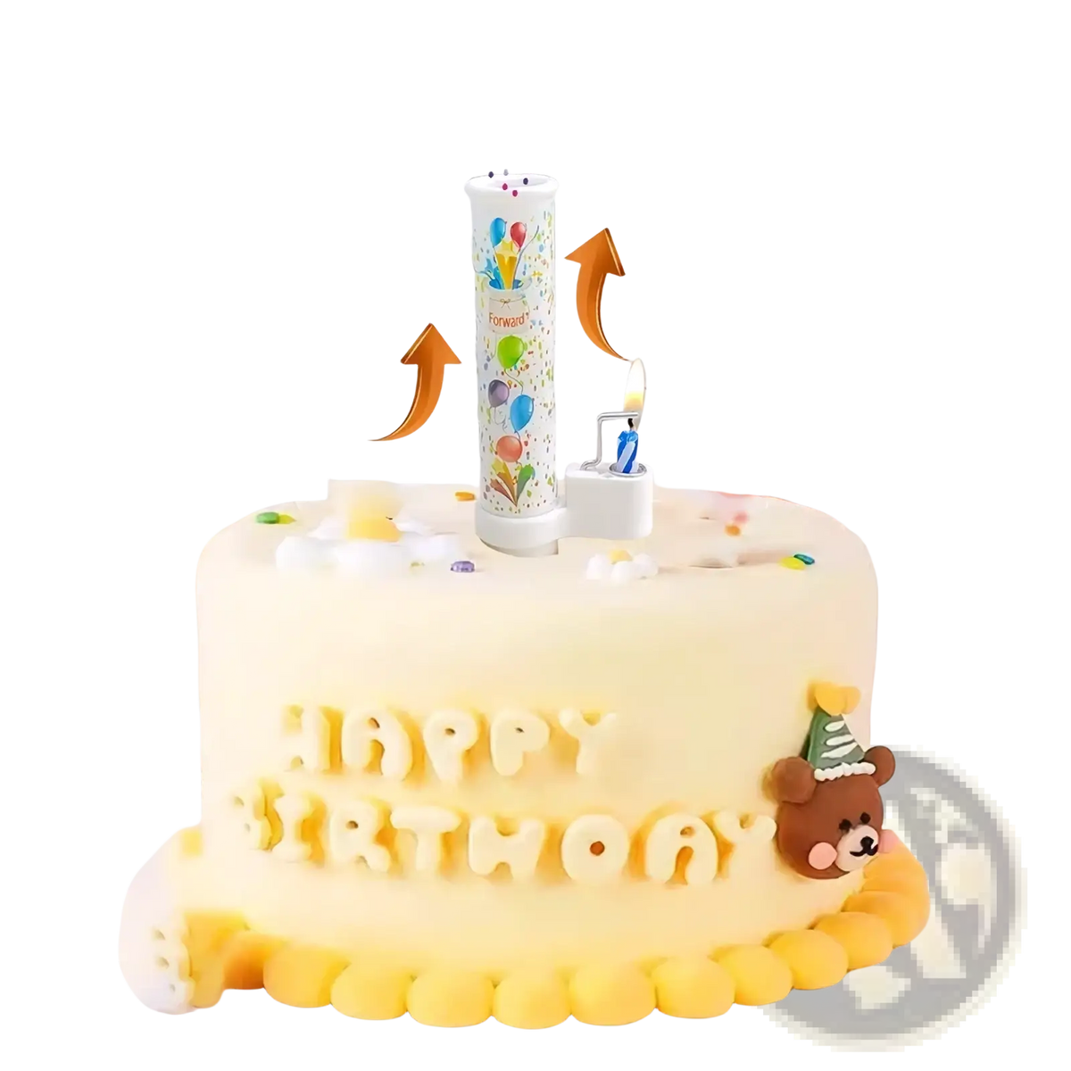 White cylindrical birthday cake pop-up confetti candle with colorful balloon design and confetti spray feature