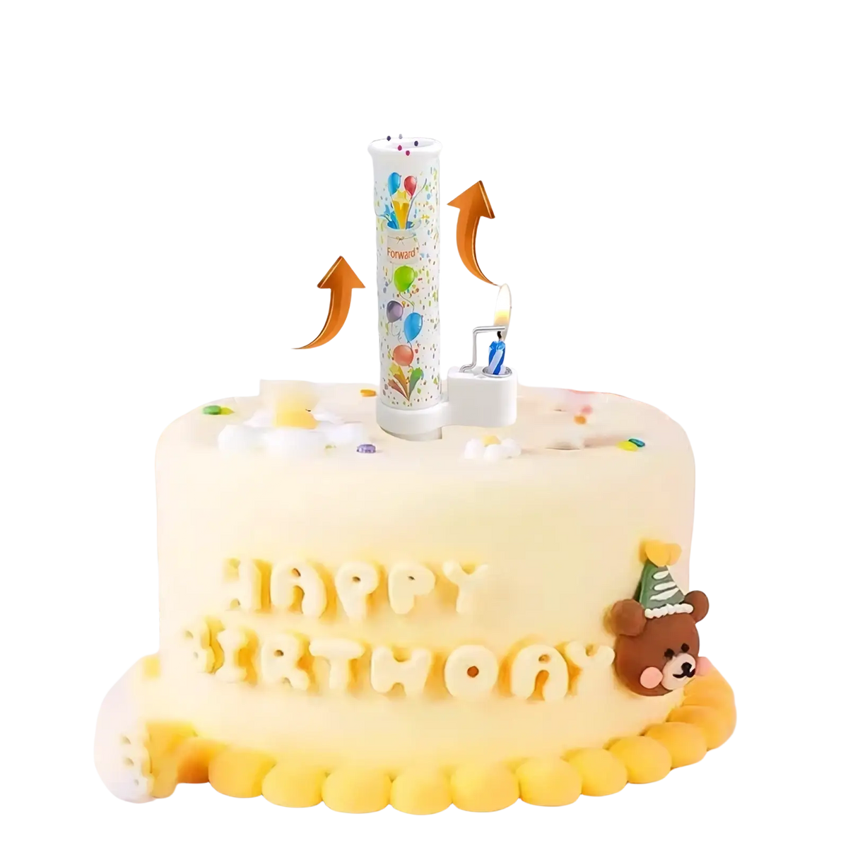White cylindrical birthday cake pop-up confetti candle with colorful balloon design and confetti spray feature