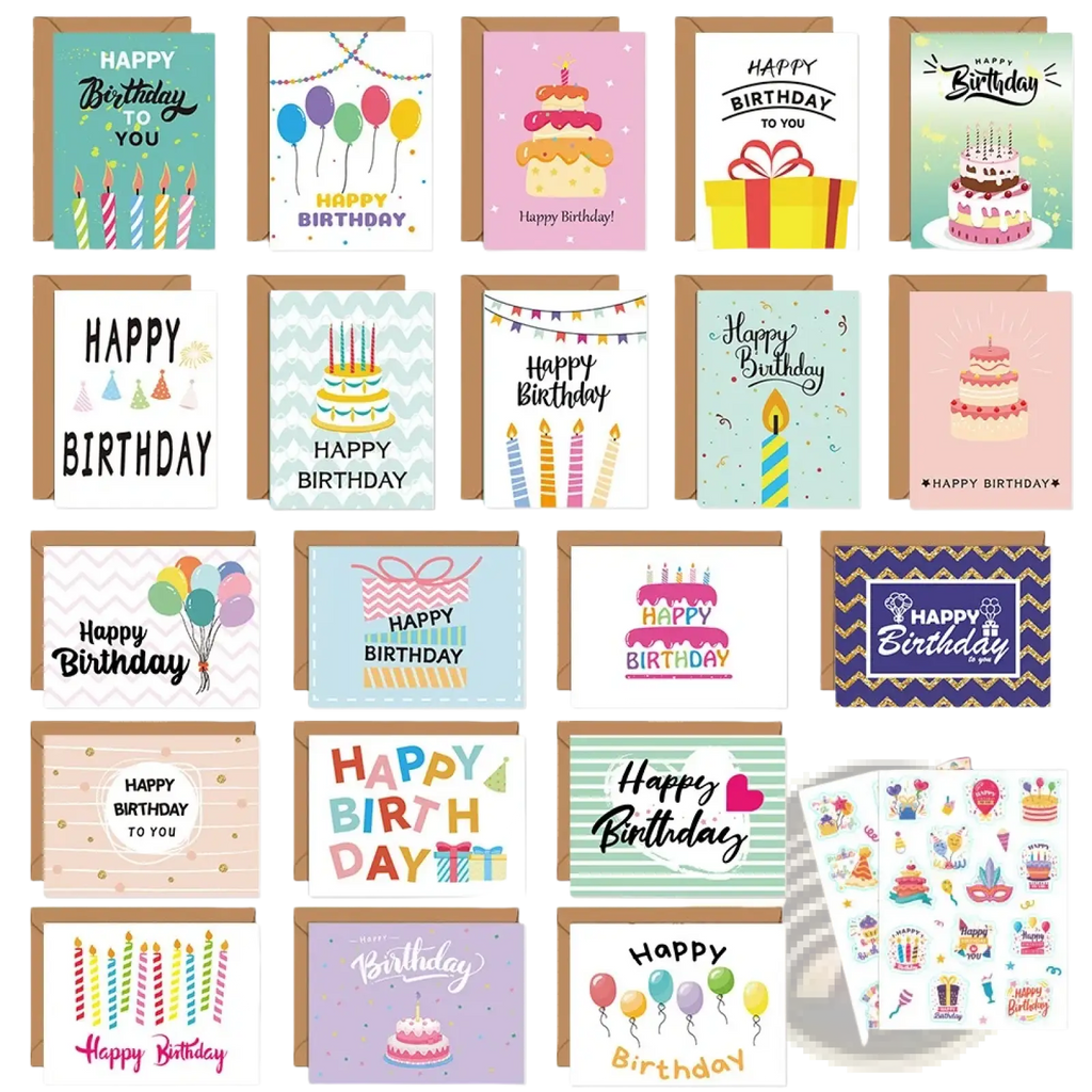A bulk set of colorful birthday cards with envelopes and stickers featuring festive cakes balloons and candles designs
