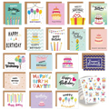 A bulk set of colorful birthday cards with envelopes and stickers featuring festive cakes balloons and candles designs