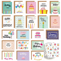 A bulk set of colorful birthday cards with envelopes and stickers featuring festive cakes balloons and candles designs