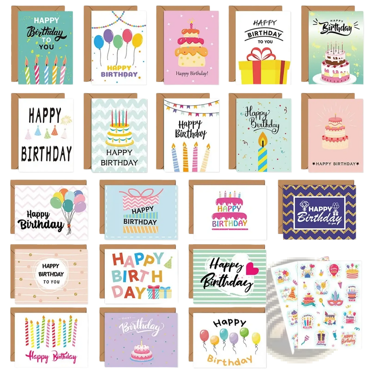 A bulk set of colorful birthday cards with envelopes and stickers featuring festive cakes balloons and candles designs