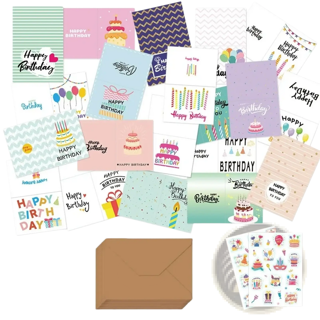 A bulk set of colorful birthday greeting cards with envelopes and stickers featuring cakes balloons and gifts in pastel shades