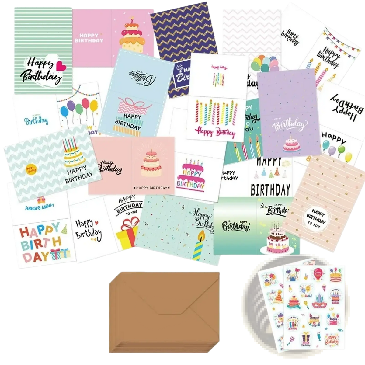 A bulk set of colorful birthday greeting cards with envelopes and stickers featuring cakes balloons and gifts in pastel shades