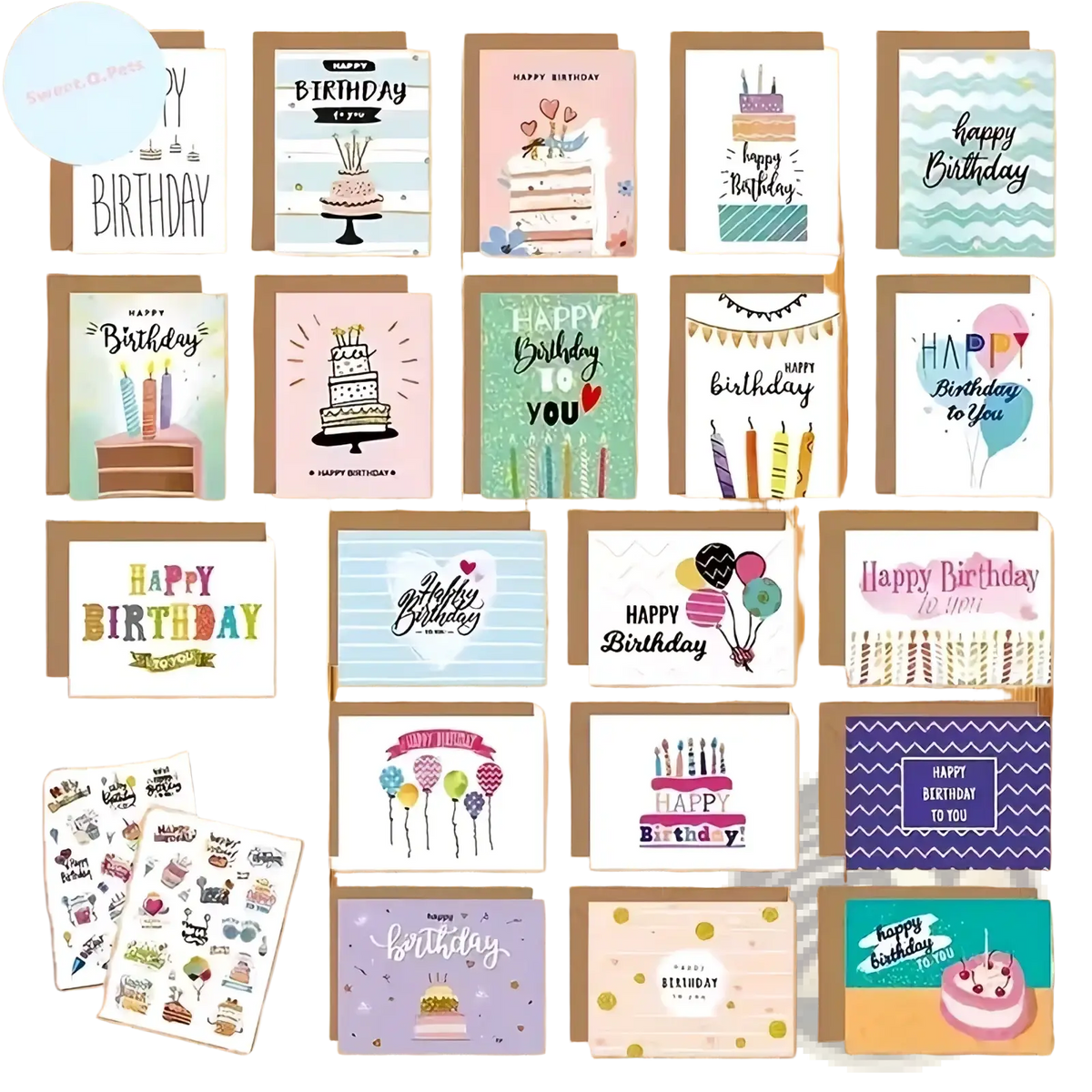 A bulk set of colorful birthday cards with envelopes and stickers featuring cakes balloons and candles in pastel tones