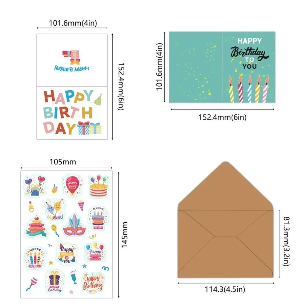 A set of colorful birthday cards bulk set with teal greeting cards, cake stickers, and brown paper envelopes for parties