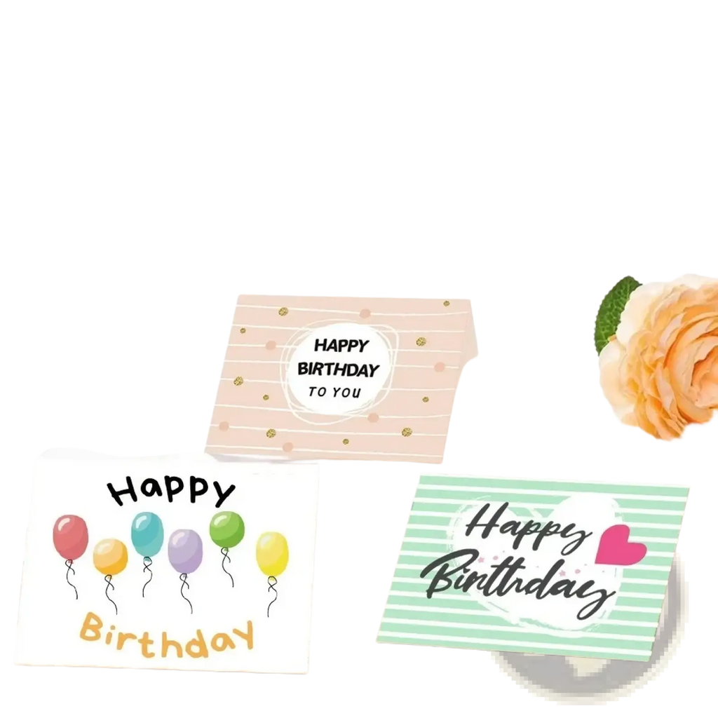 Three colorful birthday cards with balloon and heart designs on pastel backgrounds included in bulk set with envelopes and stickers