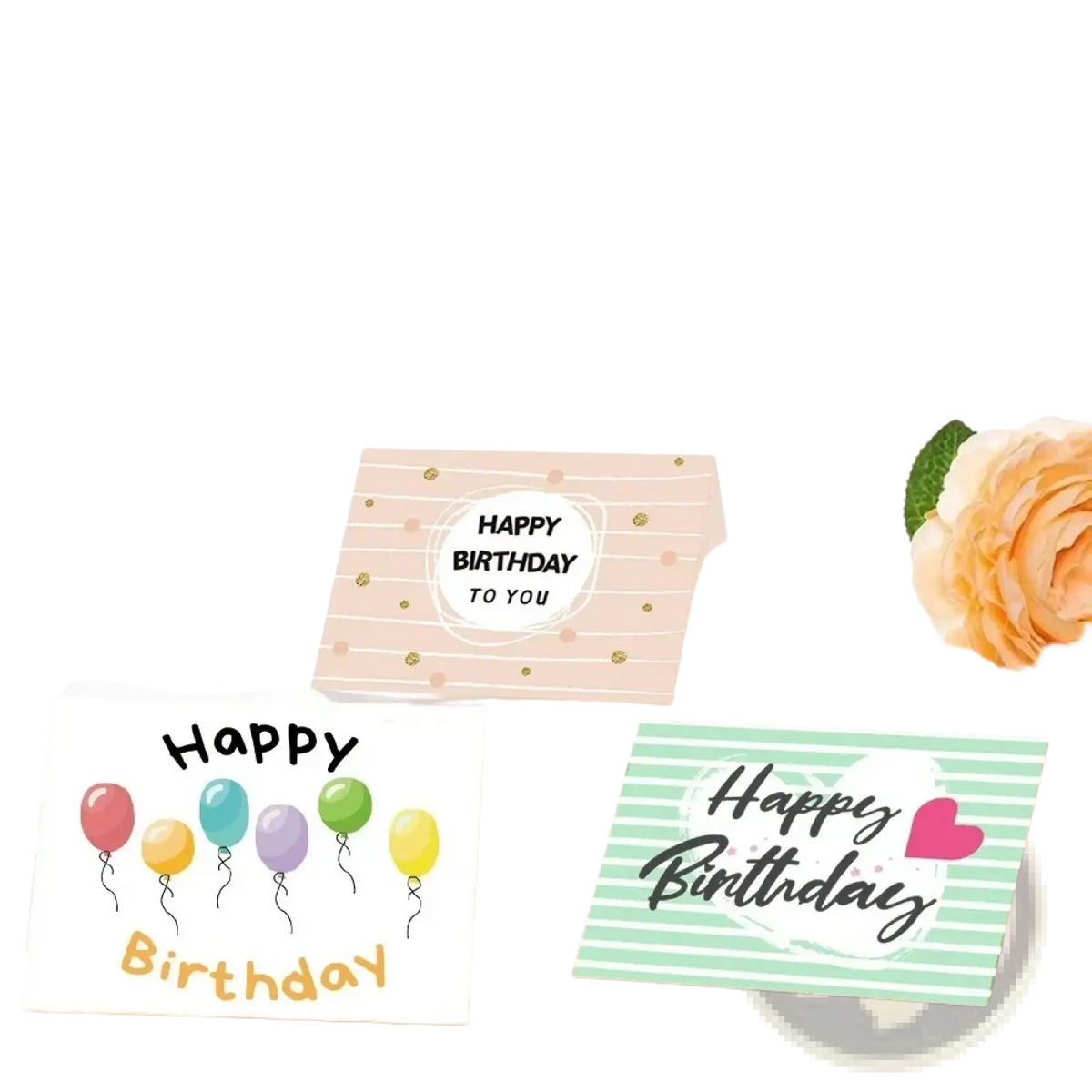 Three colorful birthday cards with balloon and heart designs on pastel backgrounds included in bulk set with envelopes and stickers