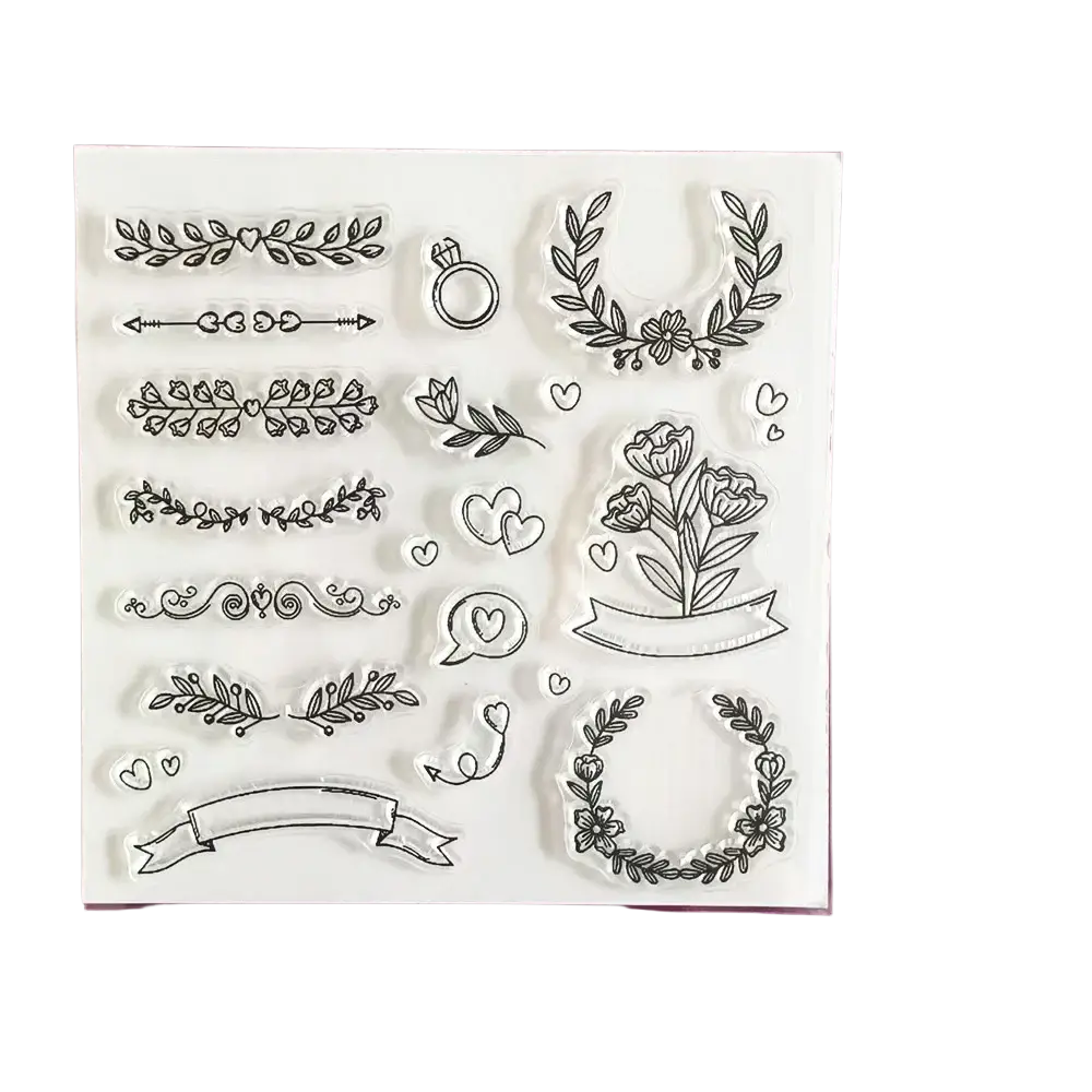 Birthday clear stamps set featuring clear acrylic material with intricate black line art of floral wreaths hearts arrows and banners