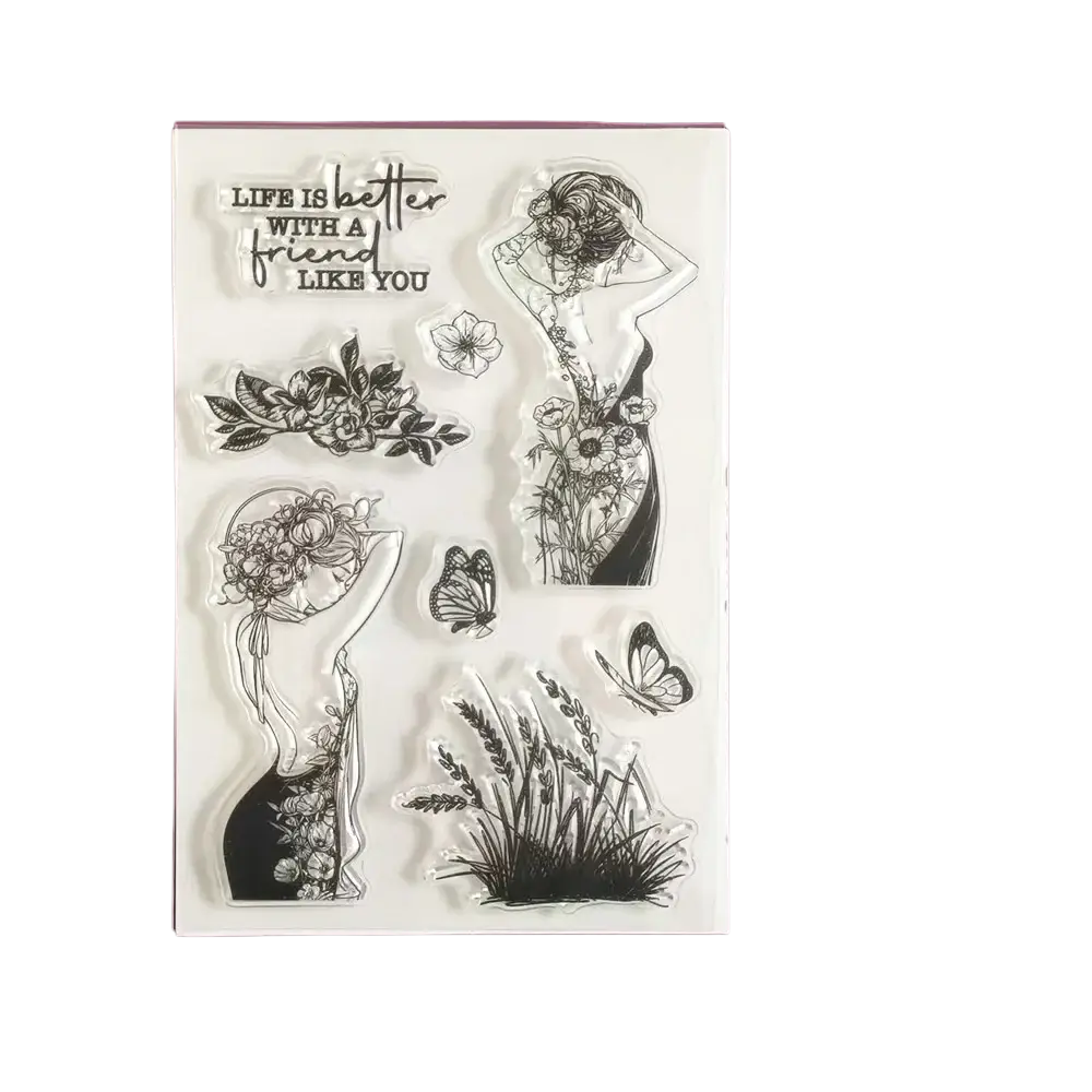 Birthday clear stamps set featuring clear acrylic material with black inked designs of women flowers butterflies and grass
