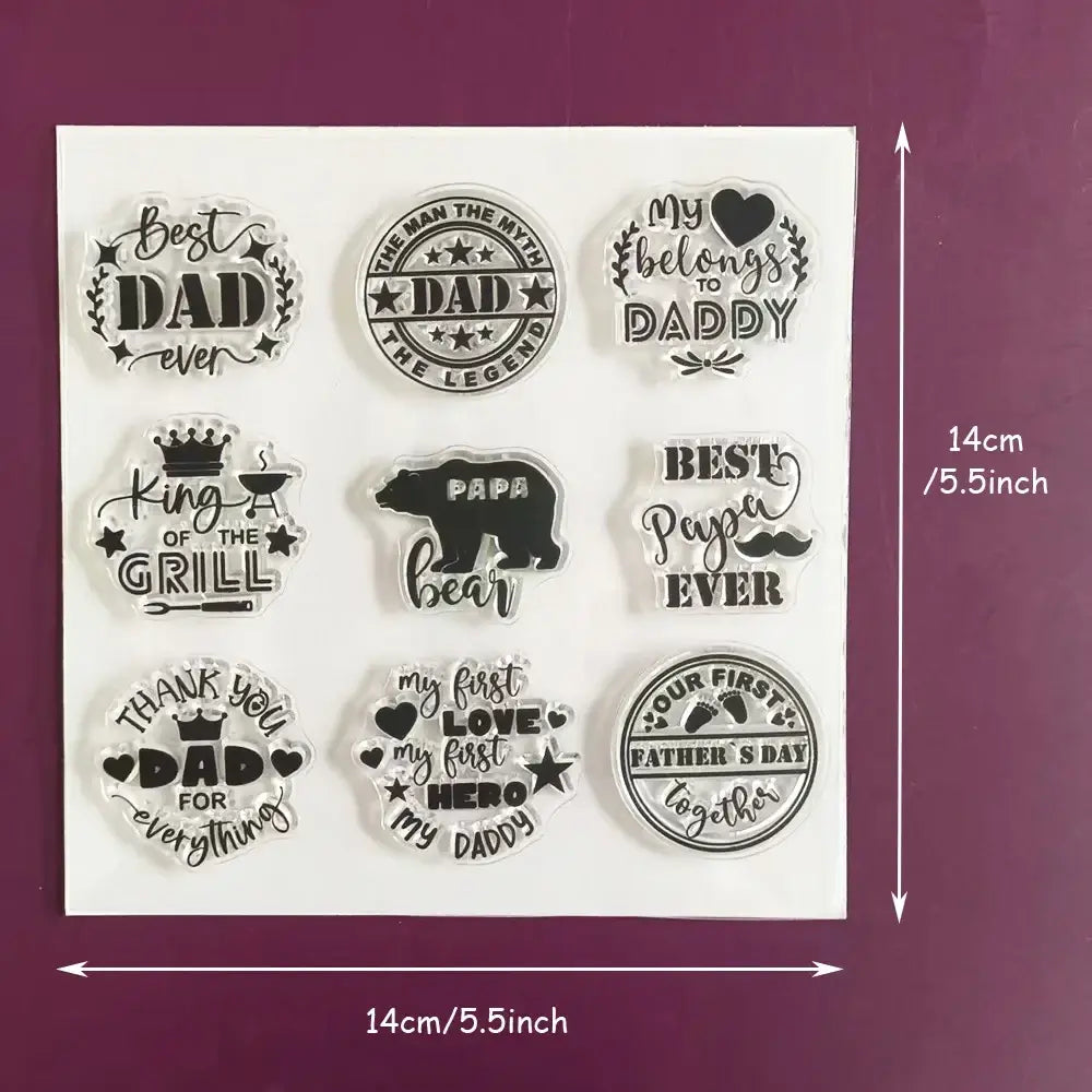 Birthday clear stamps set featuring clear acrylic black inked designs with phrases best dad ever and papa bear