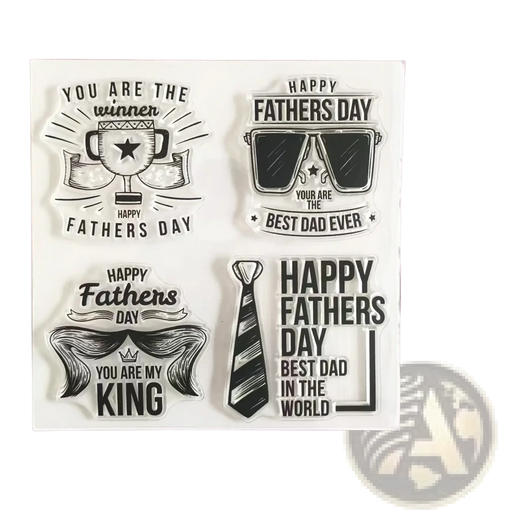 Birthday clear stamps set featuring clear acrylic black inked fathers day designs including trophy sunglasses mustache crown and tie