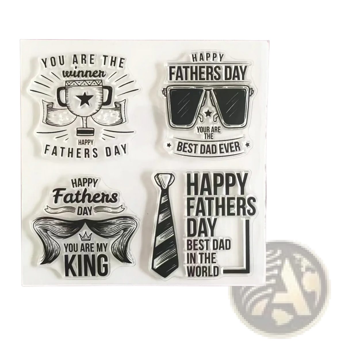 Birthday clear stamps set featuring clear acrylic black inked fathers day designs including trophy sunglasses mustache crown and tie