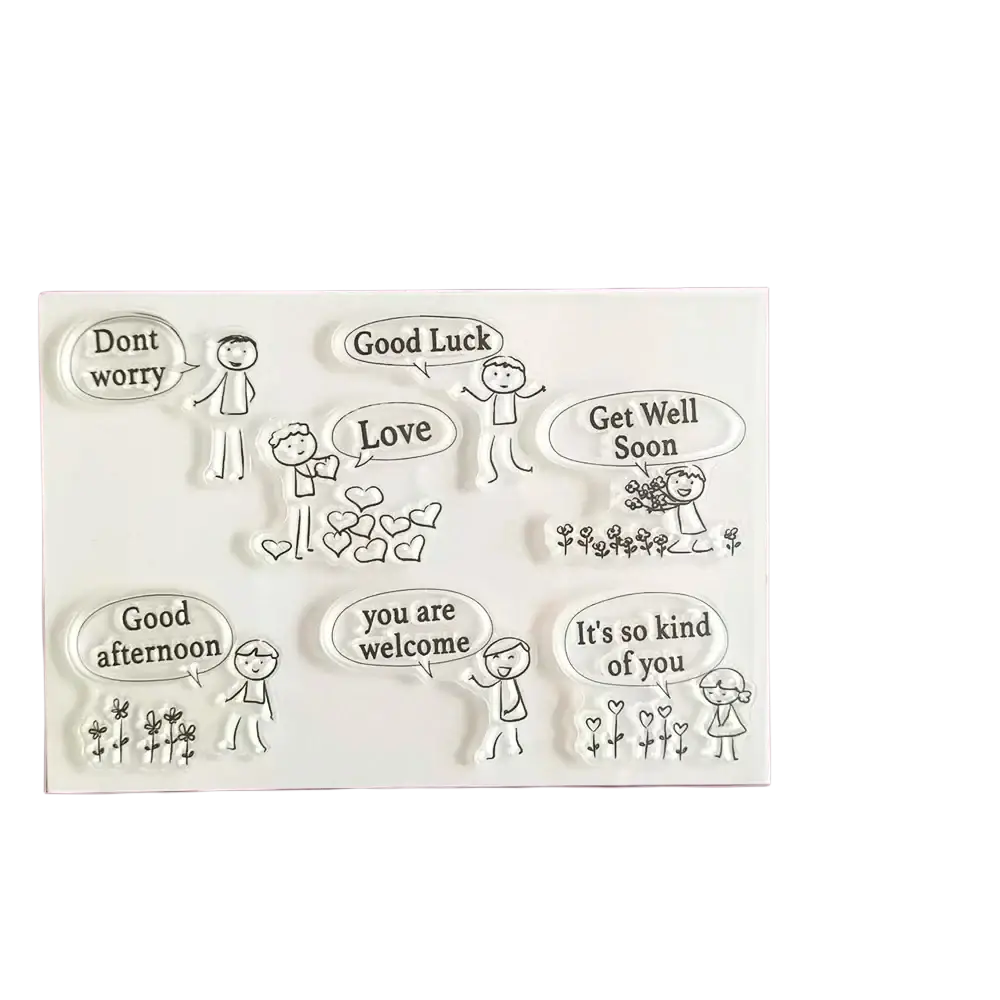 Birthday clear stamps set featuring clear silicone cartoon figures and phrases like good luck and love for crafting