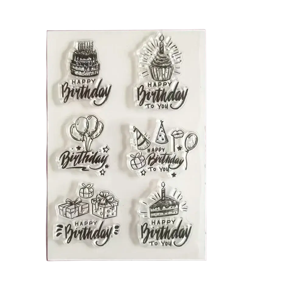 Birthday clear stamps set featuring black ink designs of cakes cupcakes balloons and gifts on white silicone base