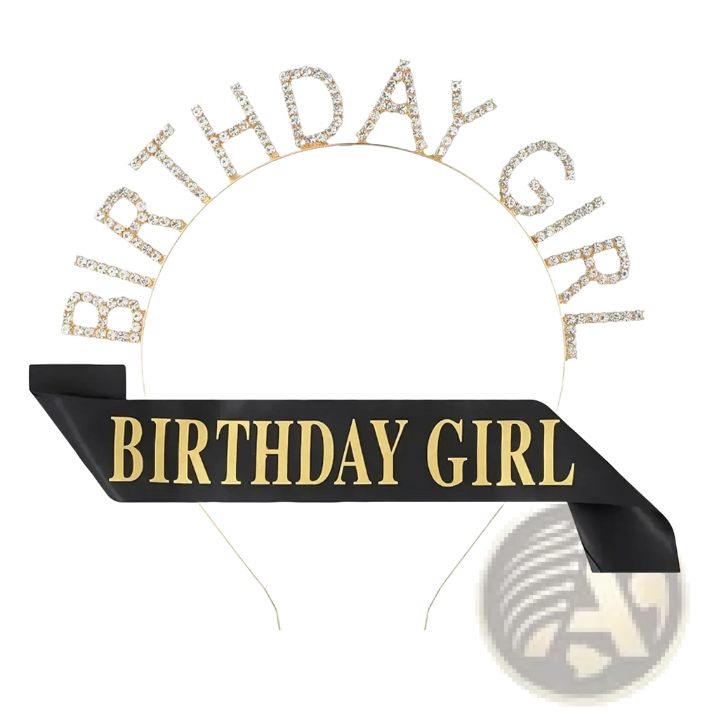 Birthday girl rhinestone tiara and sash set featuring a sparkling gold and black sash with rhinestone-embellished letters