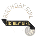 Birthday girl rhinestone tiara and sash set featuring a sparkling gold and black sash with rhinestone-embellished letters