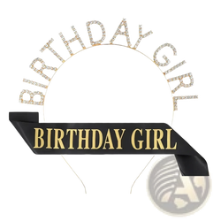 Birthday girl rhinestone tiara and sash set featuring a sparkling gold and black sash with rhinestone-embellished letters