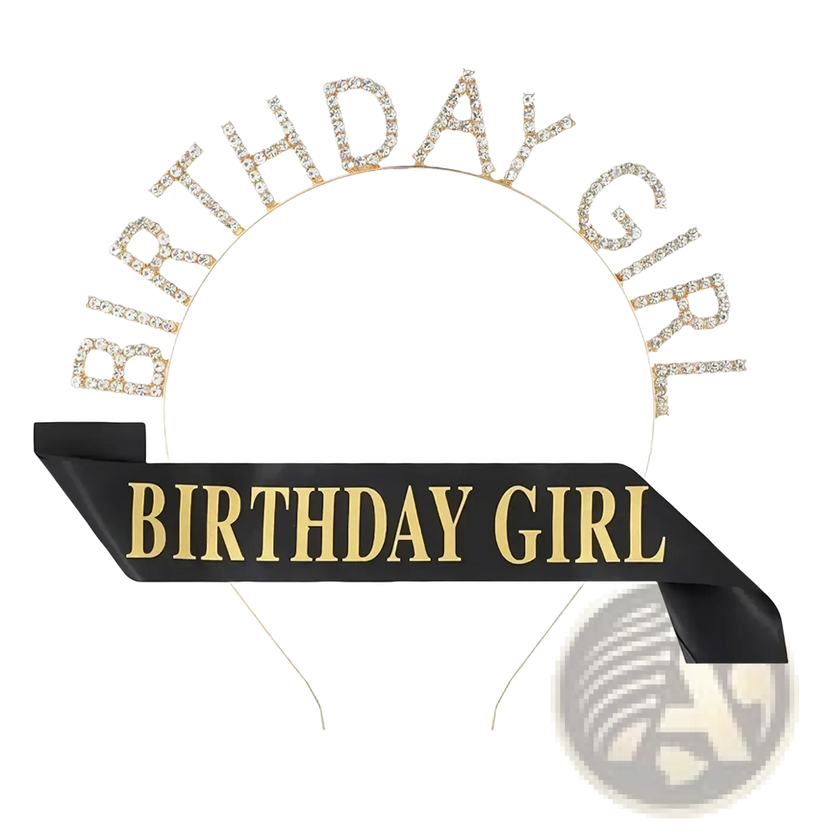 Birthday girl rhinestone tiara and sash set featuring a sparkling gold and black sash with rhinestone-embellished letters