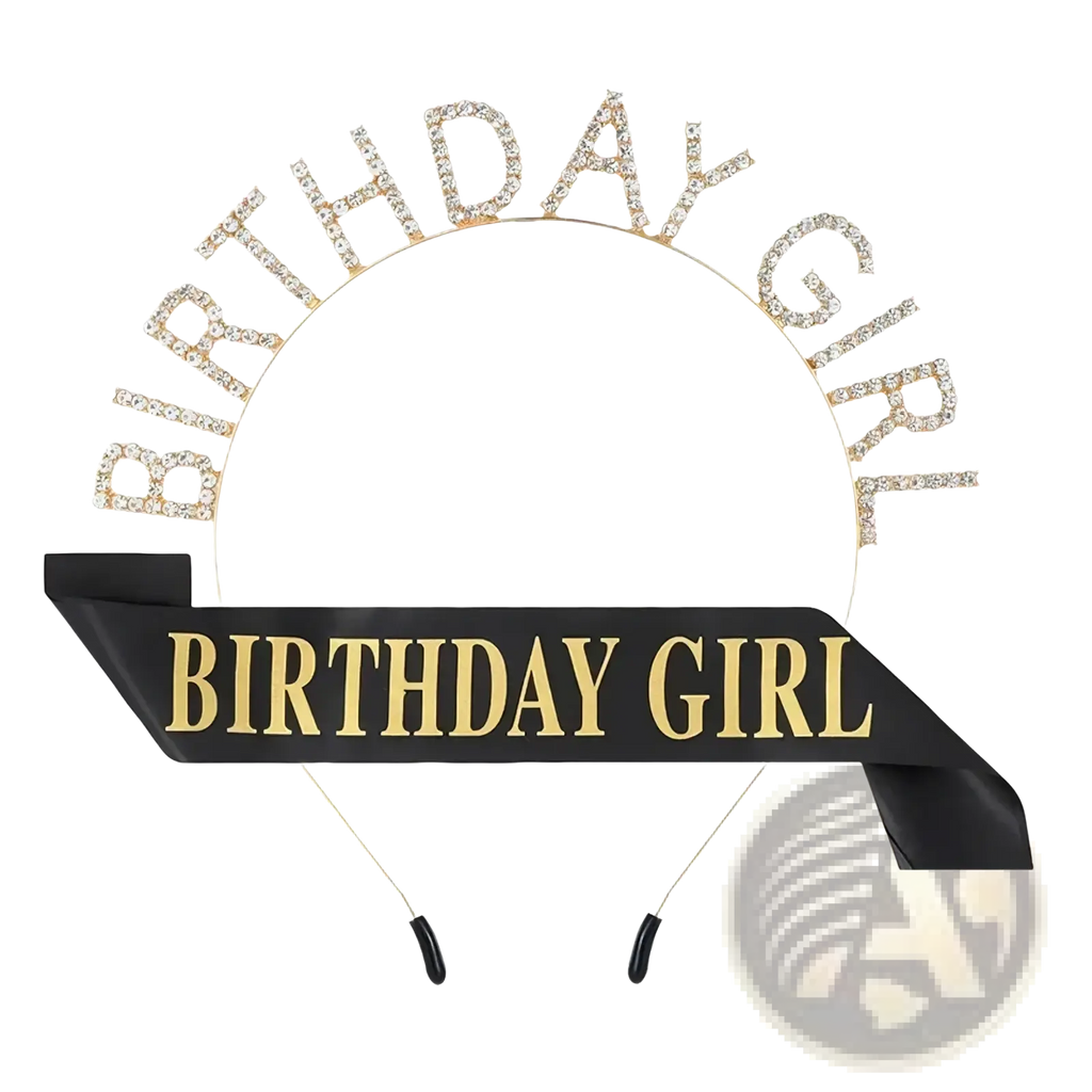 A sparkling gold and black birthday girl sash headband with rhinestone-embellished letters for birthday celebrations