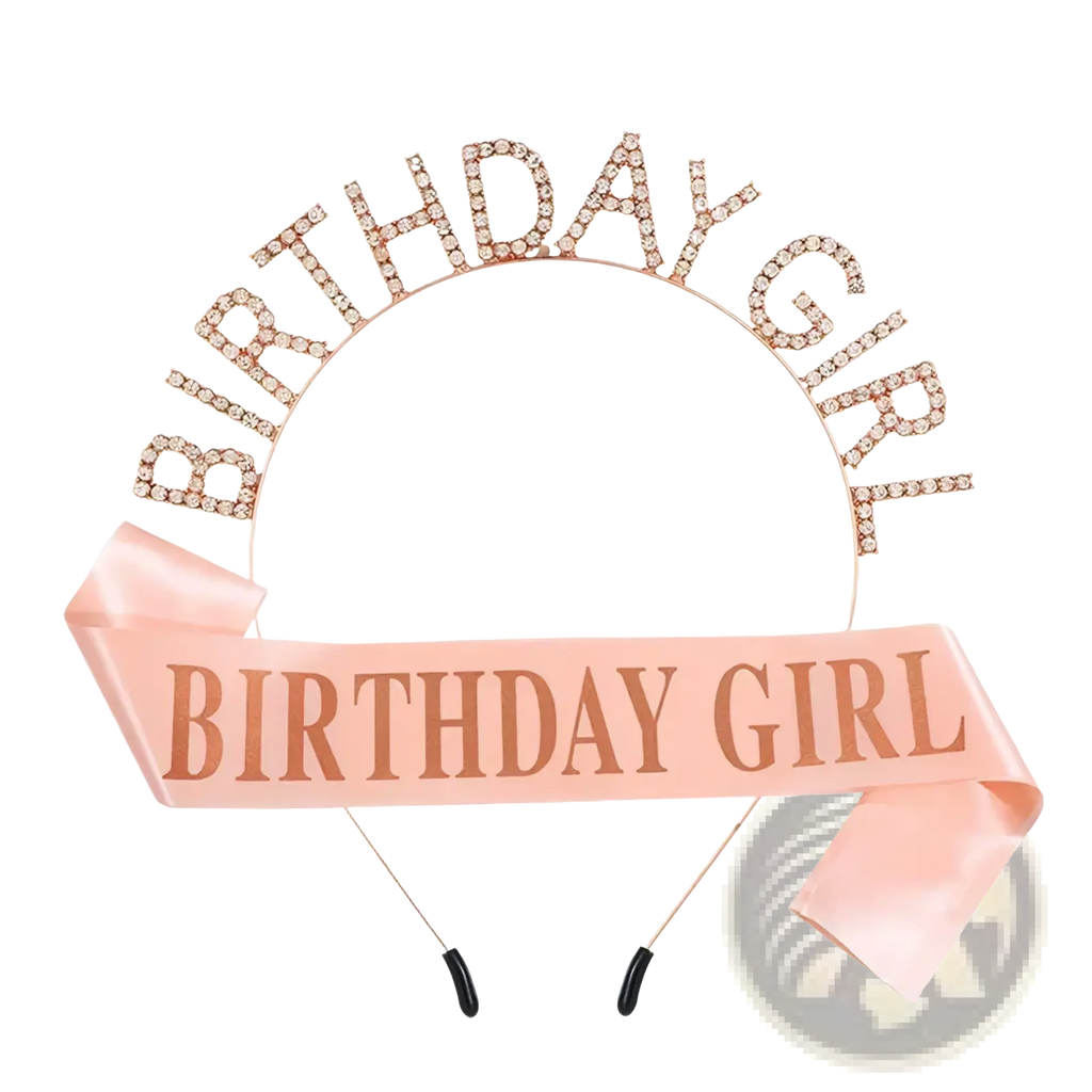 Rose gold rhinestone headband with a matching pink satin sash reading birthday girl for birthday celebrations