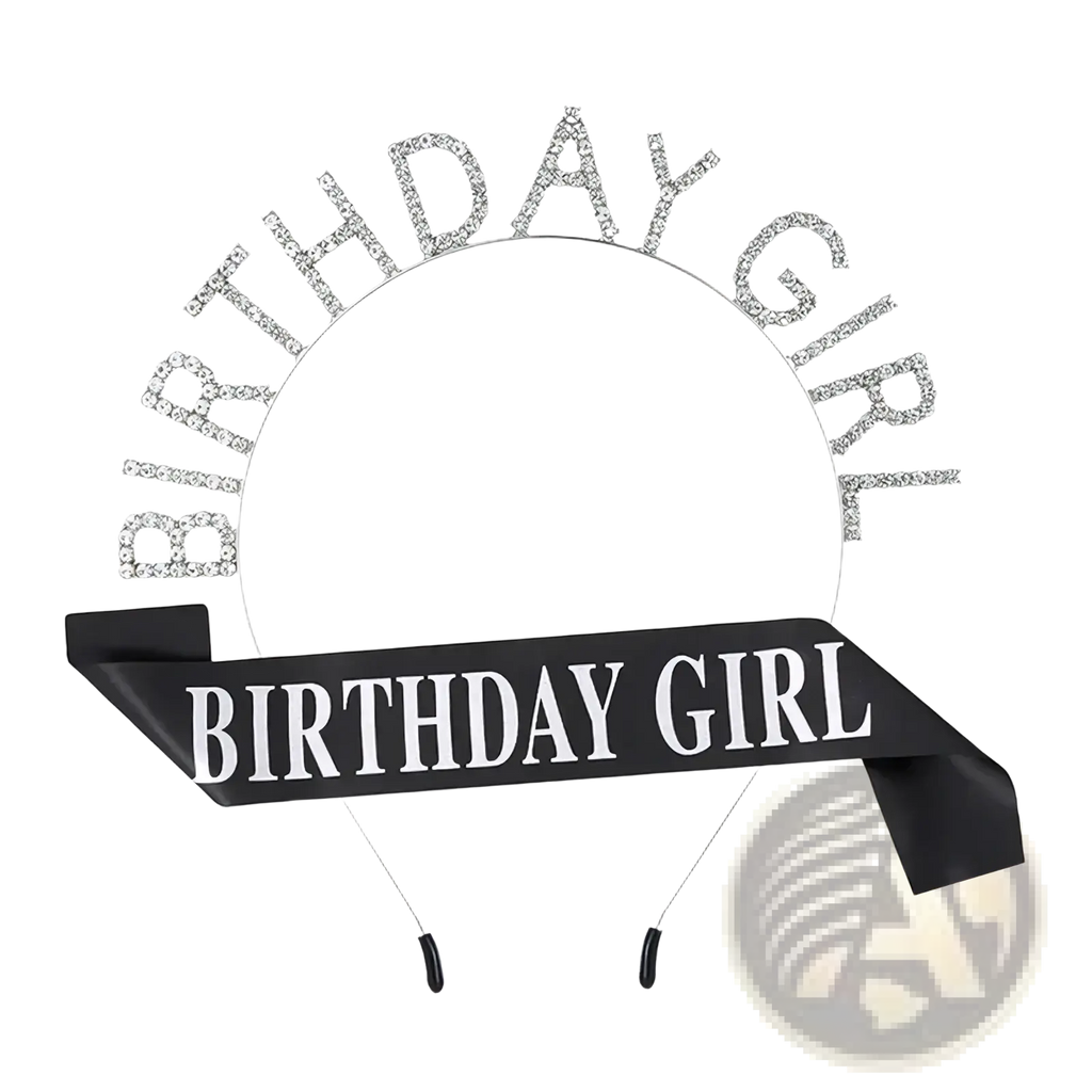 Birthday girl rhinestone tiara headband with silver stones and black satin sash for birthday celebration wear