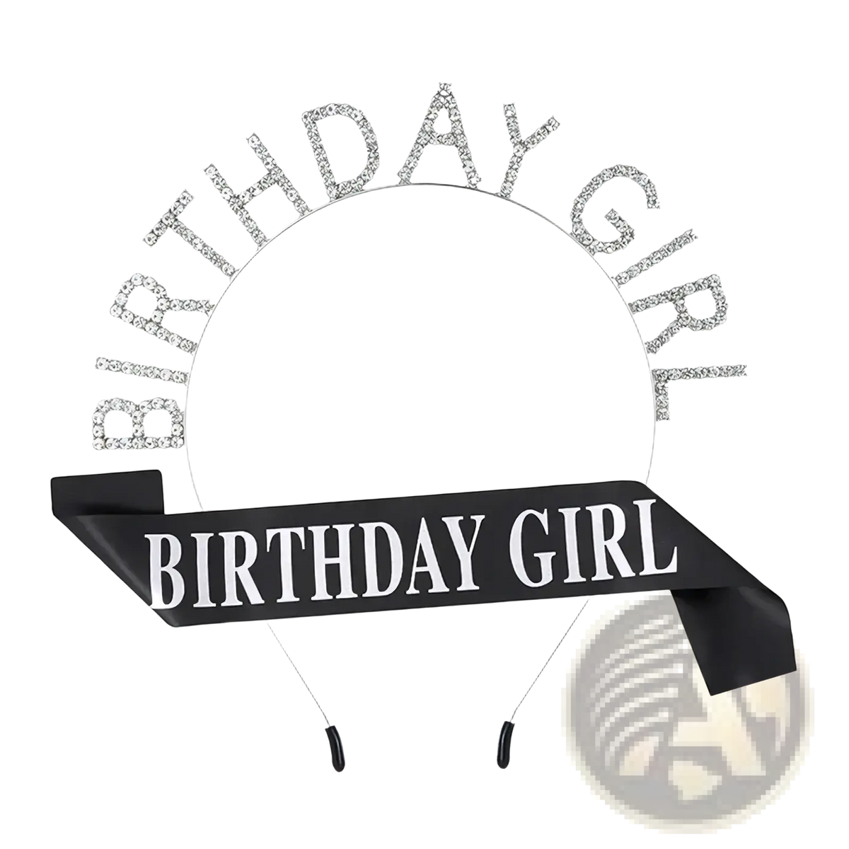 Birthday girl rhinestone tiara headband with silver stones and black satin sash for birthday celebration wear