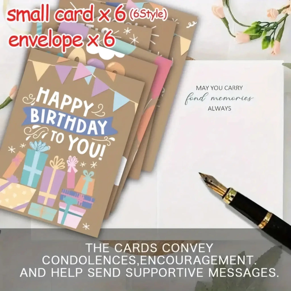 Brown birthday greeting cards set with envelopes featuring colorful gift box illustrations and a blue happy birthday banner