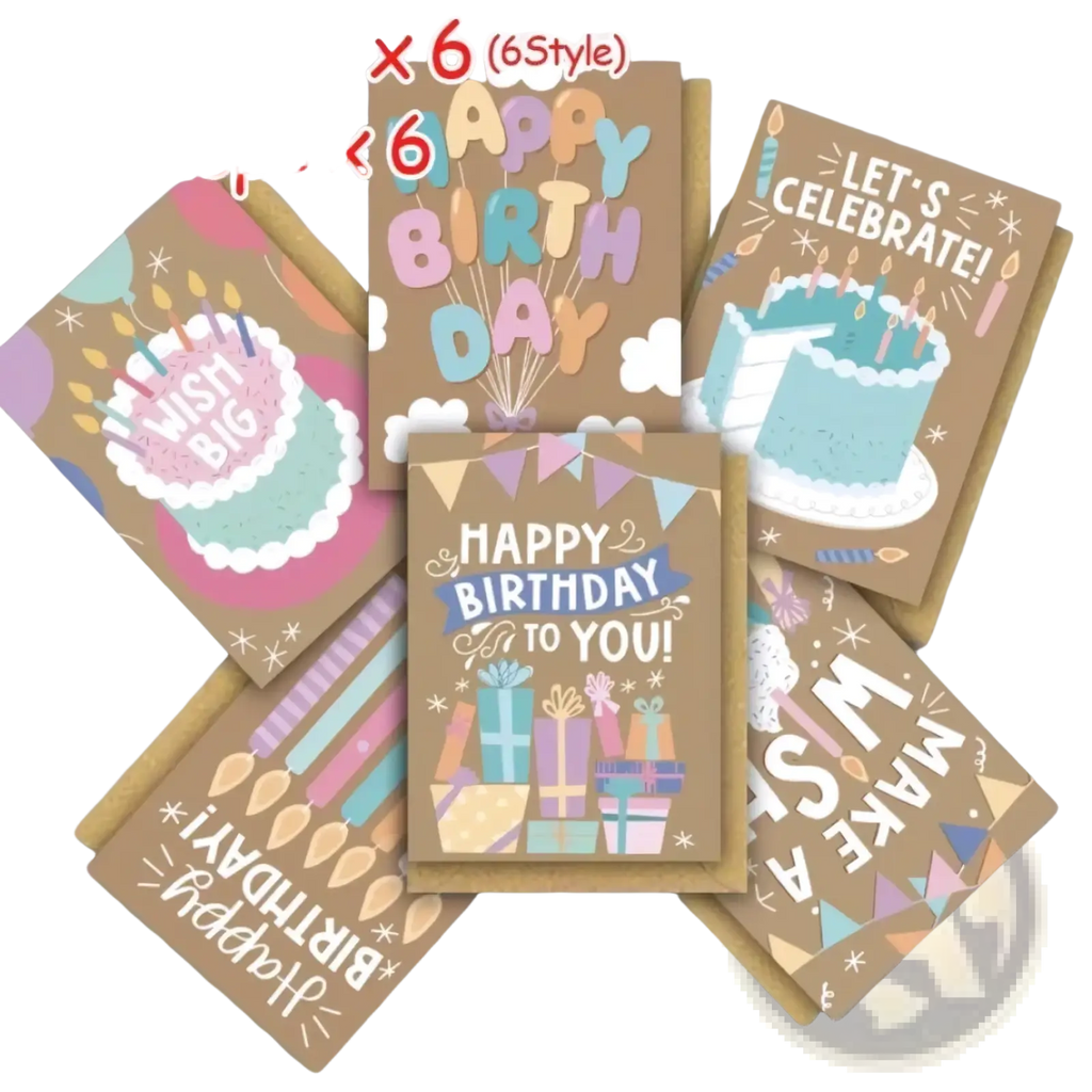 Set of six colorful birthday greeting cards with festive cake and gift designs and kraft paper envelopes
