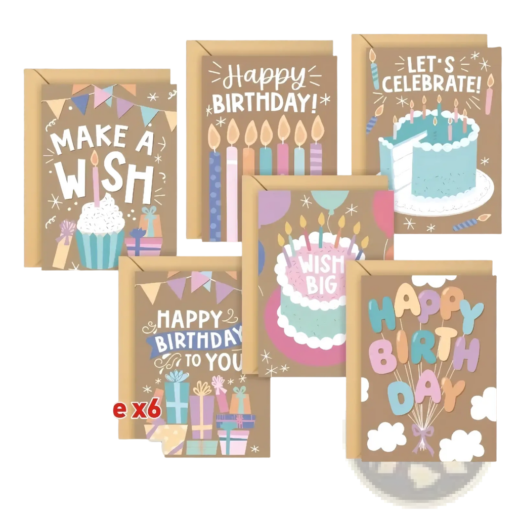 Set of six colorful birthday greeting cards with festive designs and matching envelopes for celebrations