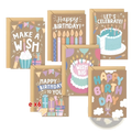Set of six colorful birthday greeting cards with festive designs and matching envelopes for celebrations
