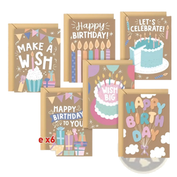 Set of six colorful birthday greeting cards with festive designs and matching envelopes for celebrations