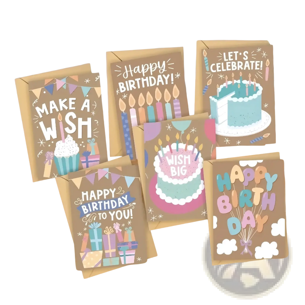 Set of six birthday greeting cards with festive designs on kraft paper envelopes for birthday celebrations