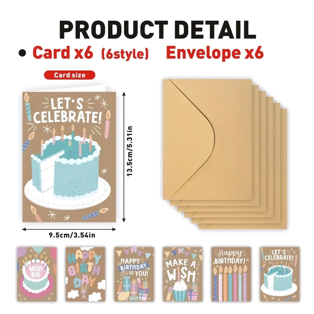 Set of six birthday greeting cards with colorful illustrations and matching tan envelopes for celebrations