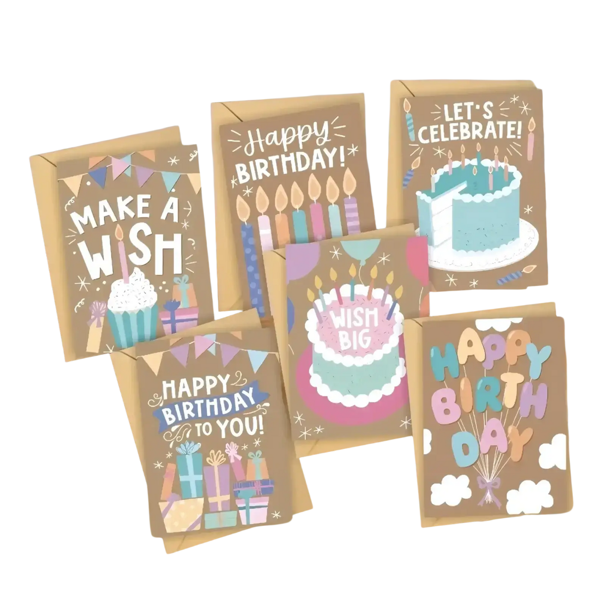A set of six colorful birthday greeting cards with festive illustrations on kraft paper with envelopes