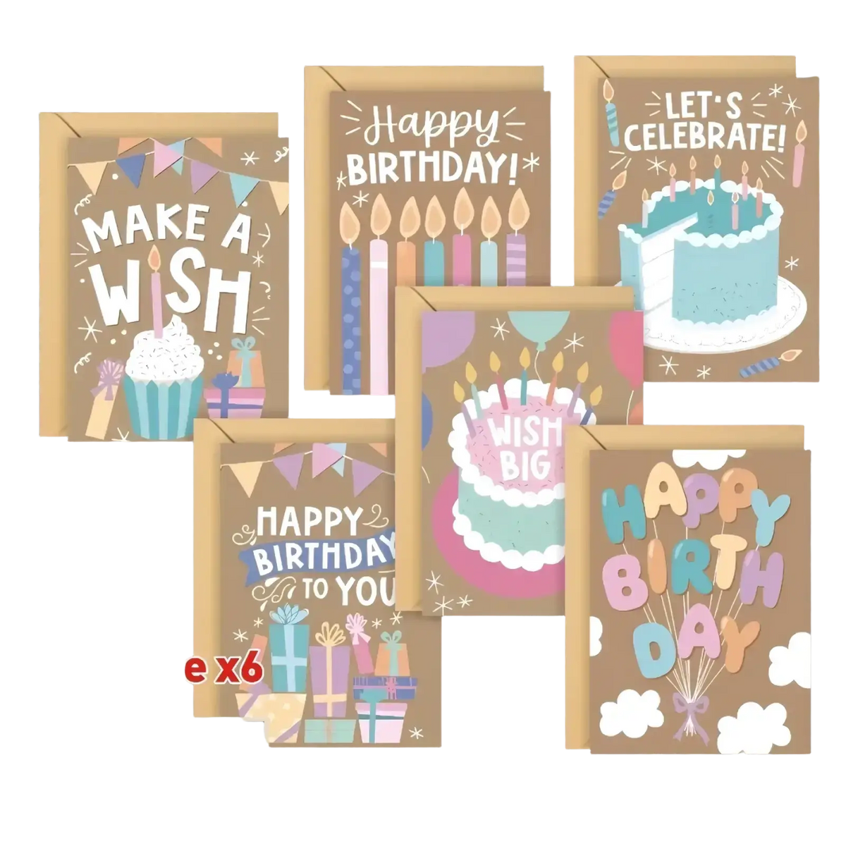 Set of six birthday greeting cards with colorful cake and candle designs on kraft paper with envelopes
