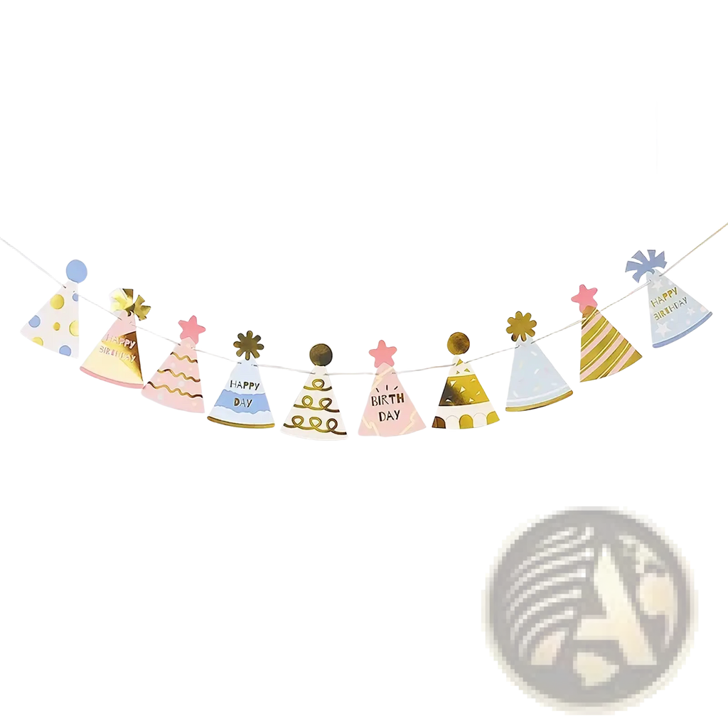 A birthday hat party garland and photo prop banner featuring colorful pastel paper hats with gold foil accents and happy birthday text