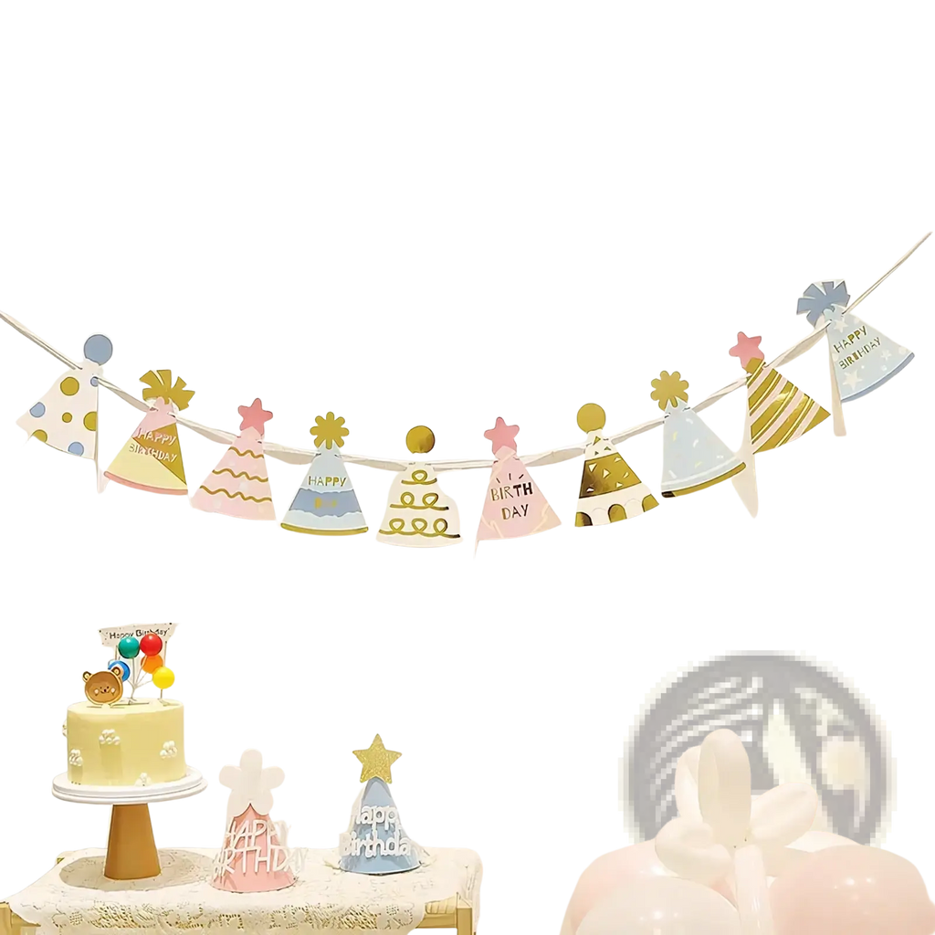 Birthday hat party garland featuring pastel-colored paper hats with gold foil accents and happy birthday text banner