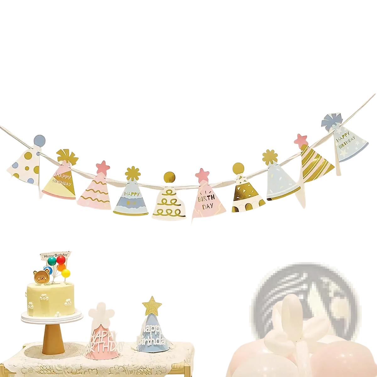 Birthday hat party garland featuring pastel-colored paper hats with gold foil accents and happy birthday text banner