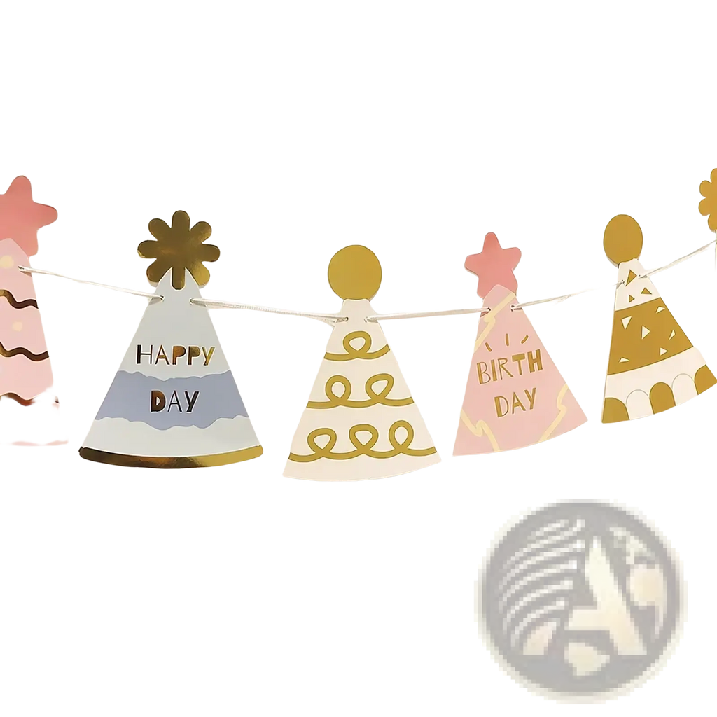 Birthday hat party garland and photo prop banner with pastel pink and gold paper hats featuring metallic foil text