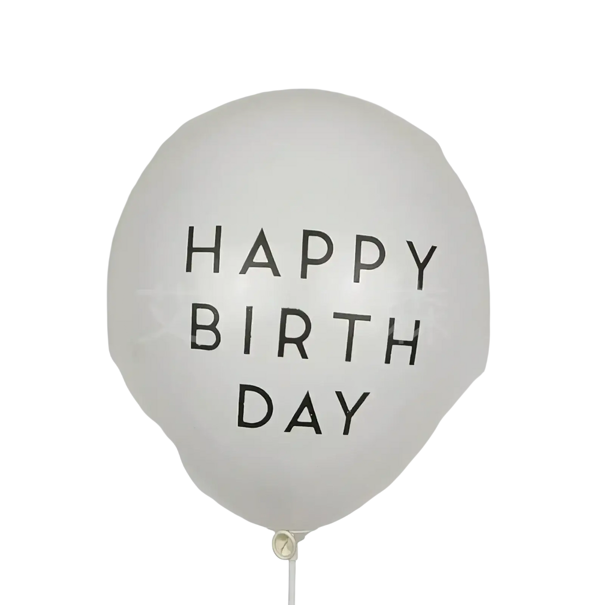 A translucent white latex balloon with happy birthday printed in bold black letters from a pack assorted printed