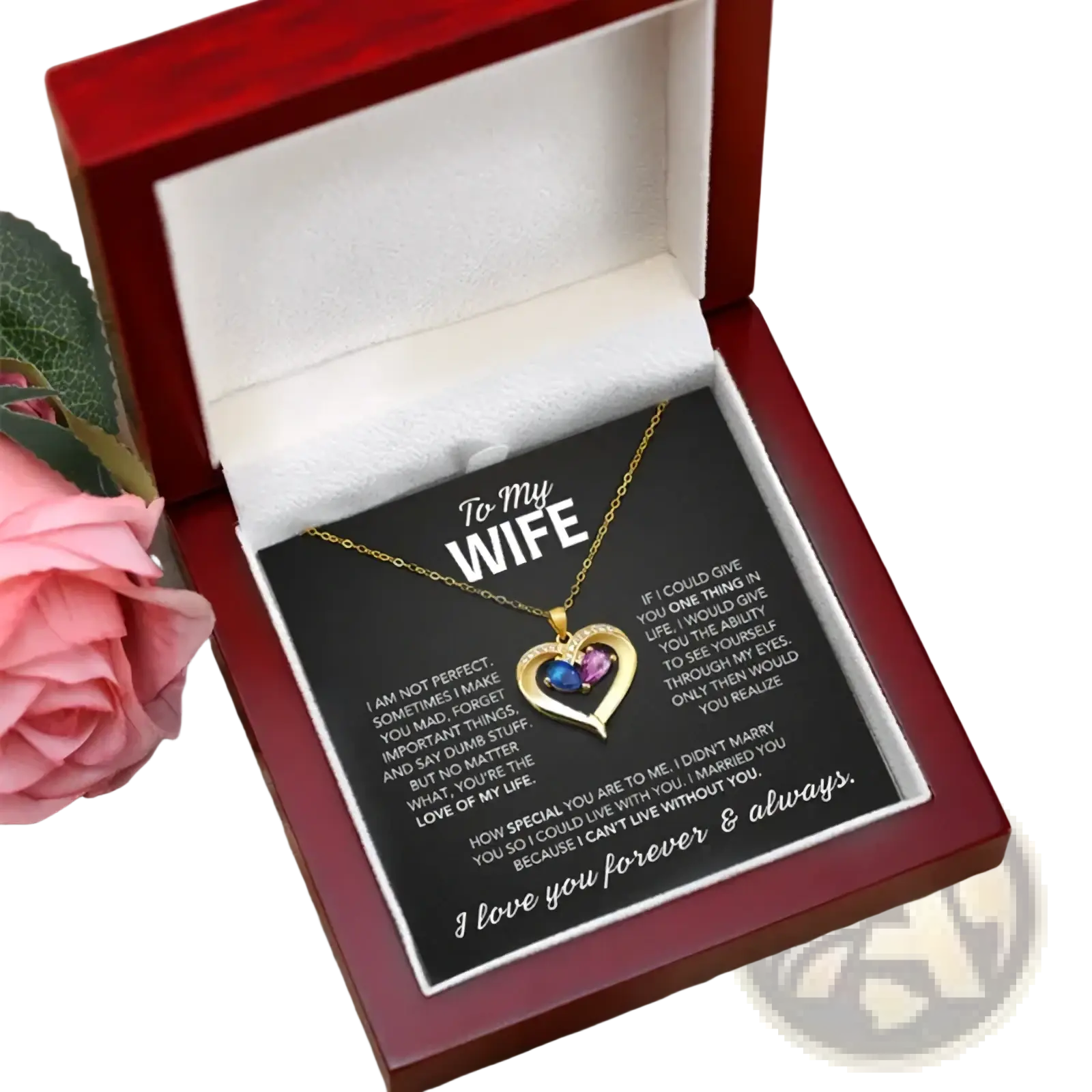 Gold heart-shaped birthstone necklace with blue and purple gemstones in red gift box with engraved card for wife