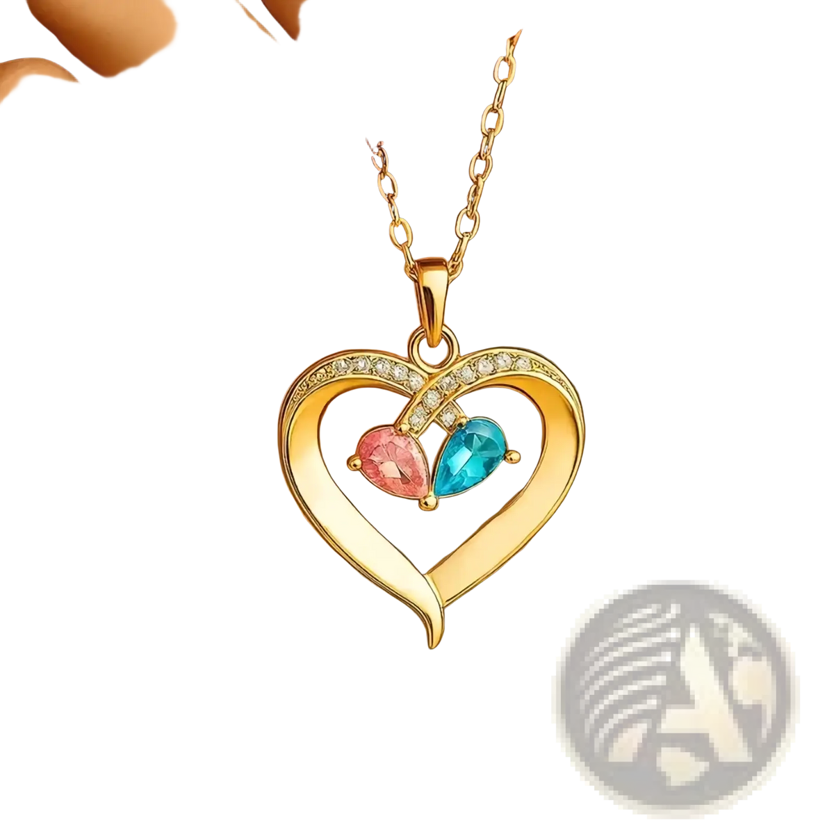 Gold heart-shaped birthstone necklace for wife with pink and blue teardrop stones on a delicate chain