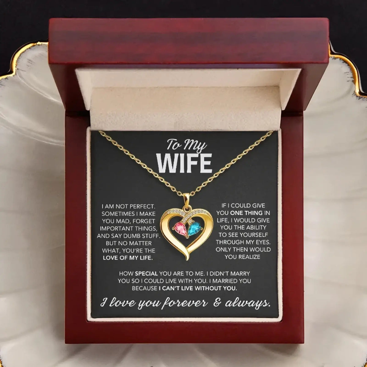Gold heart-shaped pendant necklace with two colorful gemstones in a gift box for wife birthstone necklace
