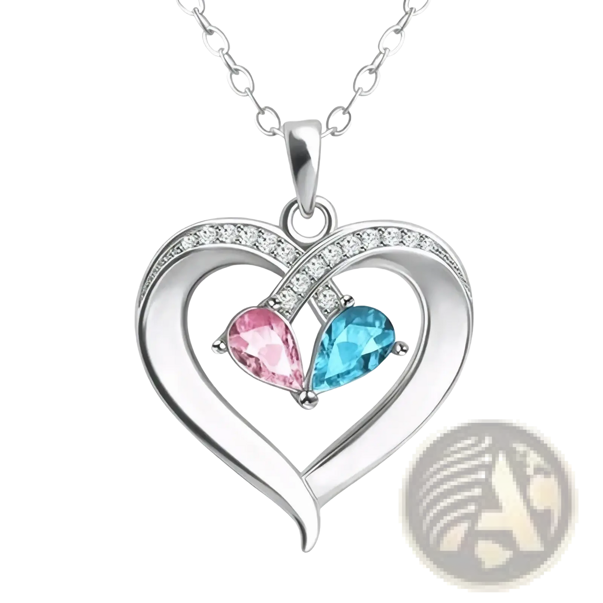 Silver birthstone heart necklace with pink and blue teardrop gemstones and clear crystal double-heart design for wife